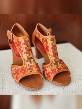 PIKOLINOS Multicolor Woven Leather Block Heel Sandals - Orange, Red, Brown